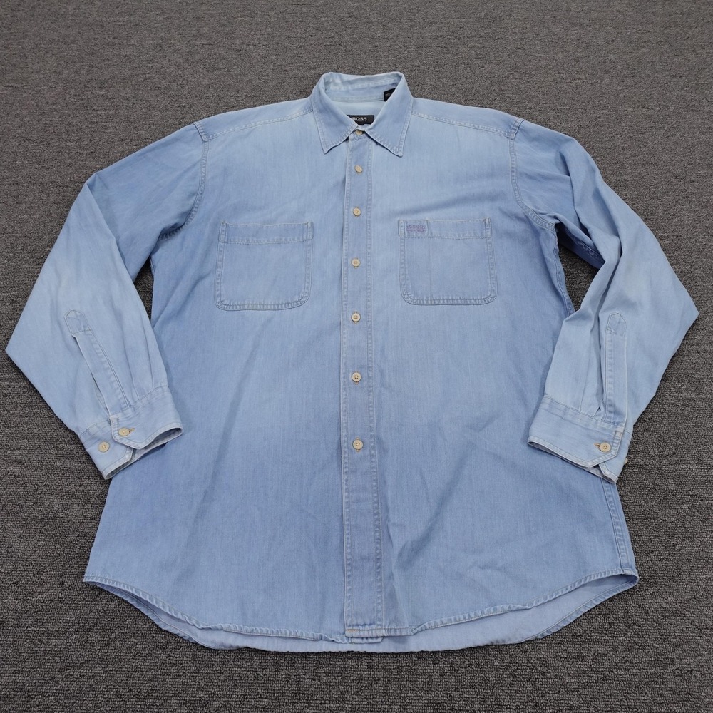 Vintage Hugo Boss Shirt Mens Medium Blue Denim Long Sleeve Button Up Casual